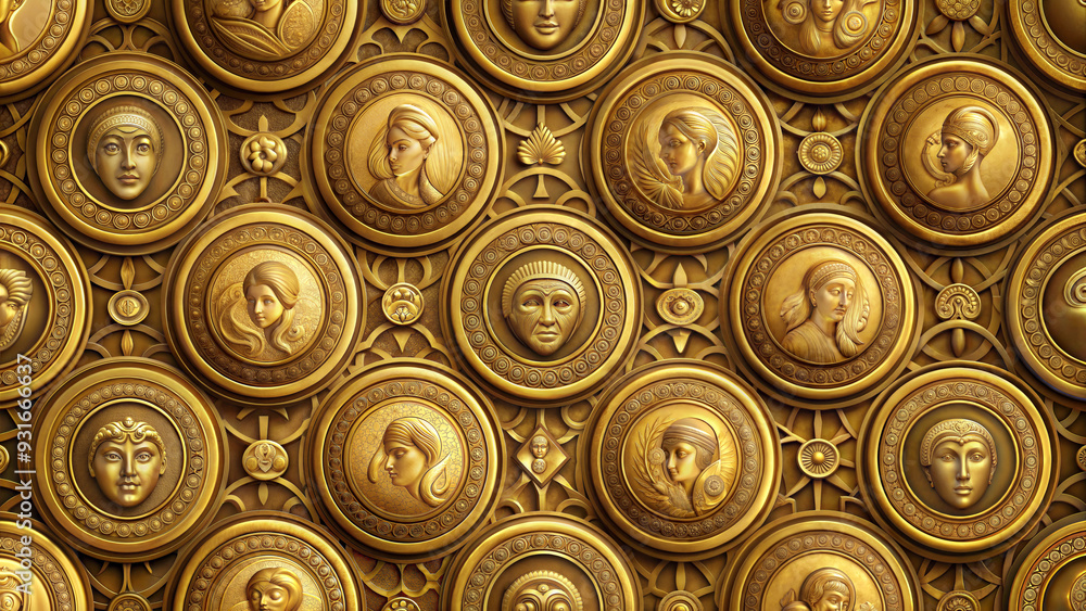 Background Pattern of Circles Featuring Ancient Coin Designs, Vintage and Historical Concept