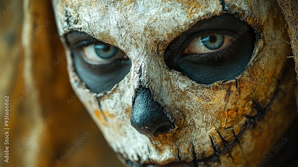A close-up of a detailed scary Halloween mask with intricate designs A close-up of a detailed scary Halloween mask with intricate designs