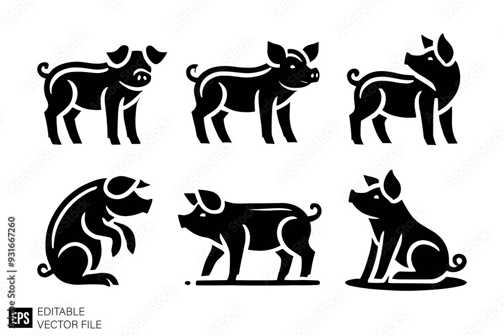 set of pig vector illustration black and white silhouette graphic design template set of pig vector illustration black and white silhouette graphic design template