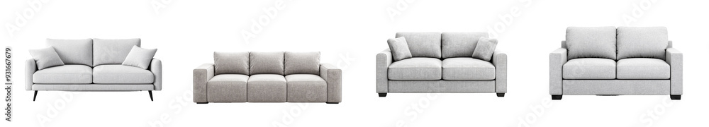 A set of four modern grey sofas isolated on a transparent background, perfect for interior design concepts and home decor A set of four modern grey sofas isolated on a transparent background, perfect for interior design concepts and home decor