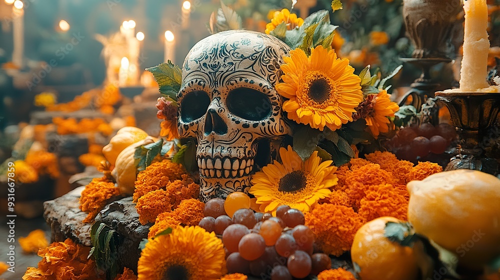 A close-up of a traditional Day of the Dead offering of fruits and sweets A close-up of a traditional Day of the Dead offering of fruits and sweets