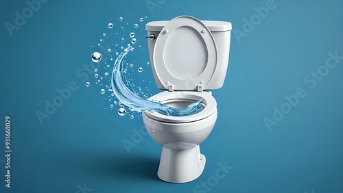 White toilet bowl with water splash and bubbles on blue background.