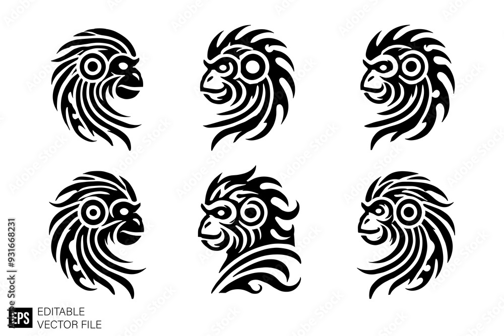 set of monkey ape head vector illustration black and white silhouette graphic design template set of monkey ape head vector illustration black and white silhouette graphic design template