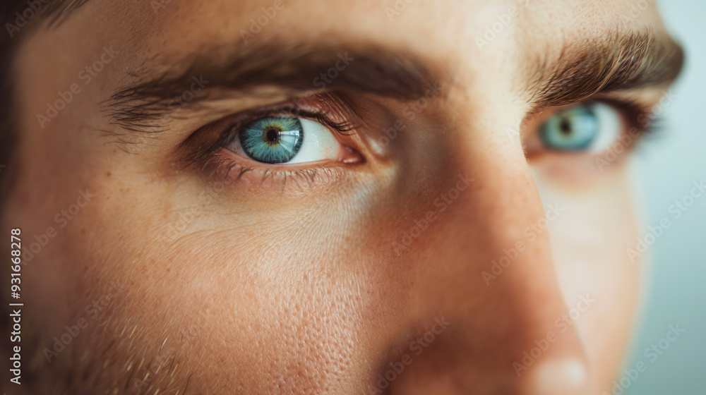 Fototapeta premium Close up of a young man’s clear skin and striking blue eyes under natural light indoors