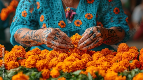 A close-up of a woman weaving a marigold garland for Day of the Dead photo