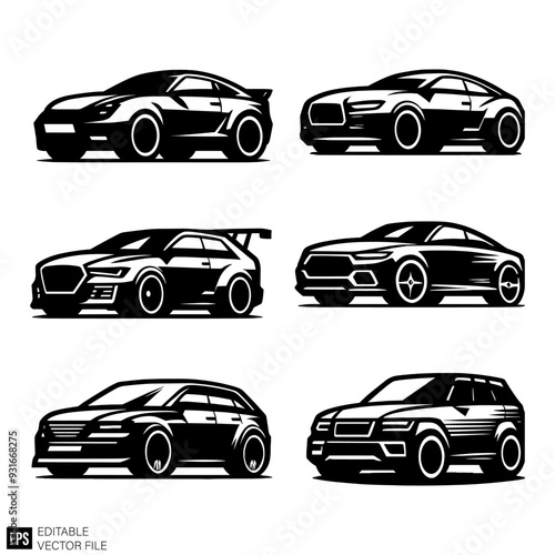 set of car vector illustration black and white silhouette graphic design template