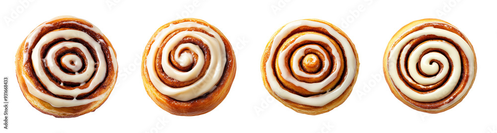 A collection of four delicious frosted cinnamon rolls isolated on a transparent background, perfect for holiday baking themes A collection of four delicious frosted cinnamon rolls isolated on a transparent background, perfect for holiday baking themes