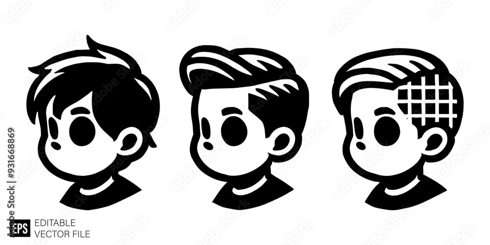 set of boy head cartoon vector illustration black and white silhouette graphic design template set of boy head cartoon vector illustration black and white silhouette graphic design template