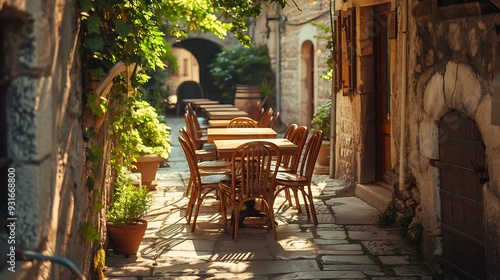 Fototapeta Naklejka Na Ścianę i Meble -  Empty table with chairs in narrow alley outside restaurant on sunny day