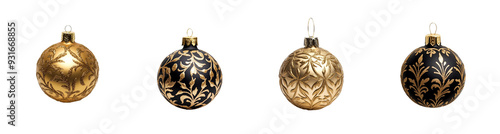 Set of four elegant black and gold Christmas ornaments isolated on transparent background, perfect for holiday decorations