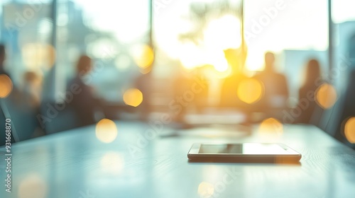 Wallpaper Mural Blurred Background of a Business Conference with Digital Tablet and Golden Hour Light. AI generated illustration Torontodigital.ca