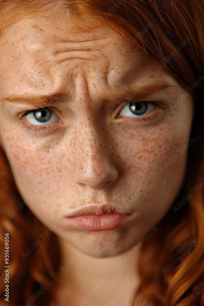 Close-Up Portrait of Young Freckled Woman With Red Hair Making a Displeased Facial Expression Close-Up Portrait of Young Freckled Woman With Red Hair Making a Displeased Facial Expression