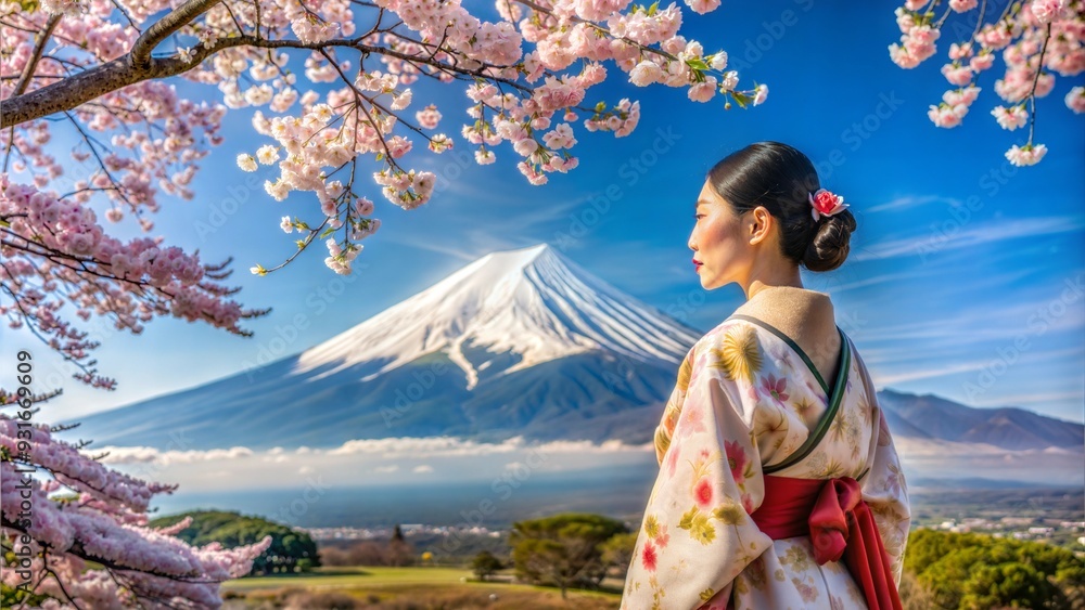 Asian woman wearing japanese traditional kimono at Fuji mountain and cherry blossom in spring, Fujinomiya in Japan.
Asian woman wearing japanese traditional kimono at Fuji mountain and cherry blossom in spring, Fujinomiya in Japan.