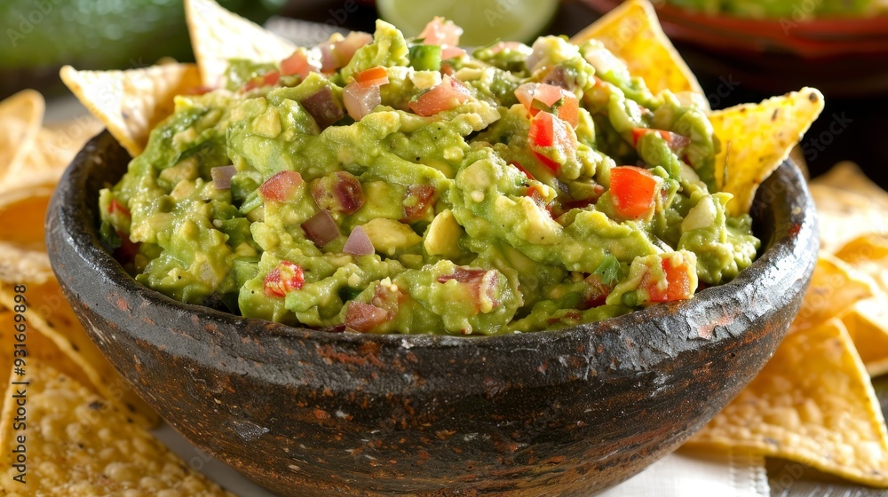 Fresh Guacamole Dip with Tortilla Chips, Close-Up, Traditional Mexican Cuisine, Appetizer Fresh Guacamole Dip with Tortilla Chips, Close-Up, Traditional Mexican Cuisine, Appetizer
