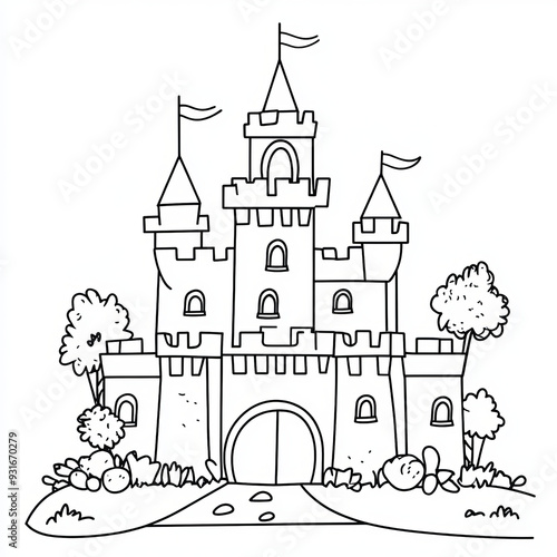 A coloring page designed for kids featuring a simple cartoon-style fruits. The castle is illustrated with thick lines, minimal detail, and no shading, making it ideal for young children to color. The 