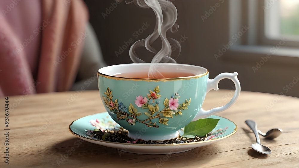Obraz premium A close-up of a steaming cup of tea on a wooden table.