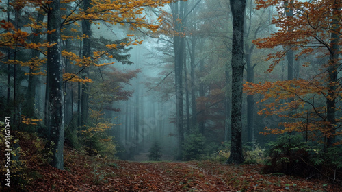 A foggy forest with tall trees and colorful leaves on the ground