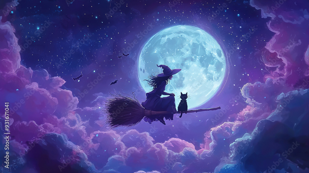 A witch floats in the air on her broom, with a black cat perched at the other end, as they both admire the full moon against a starry night background, creating a Halloween-themed scene.
A witch floats in the air on her broom, with a black cat perched at the other end, as they both admire the full moon against a starry night background, creating a Halloween-themed scene.