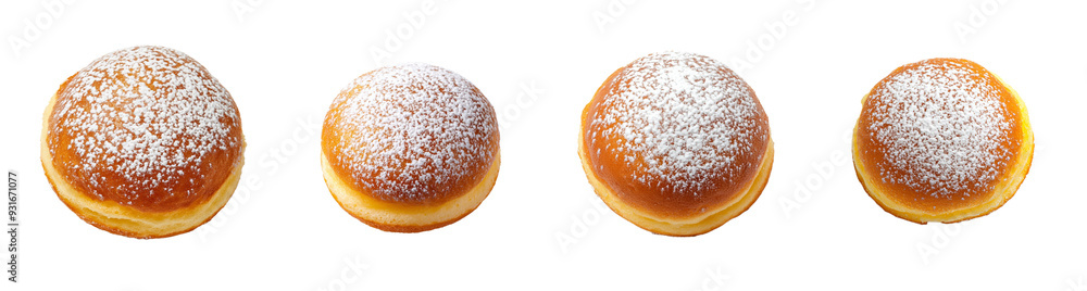 A collection of four powdered sugar-topped donuts isolated on a transparent background, perfect for Hanukkah holiday visuals A collection of four powdered sugar-topped donuts isolated on a transparent background, perfect for Hanukkah holiday visuals