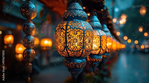 A close-up of intricate Diwali lanterns (kandils) hanging in a row photo