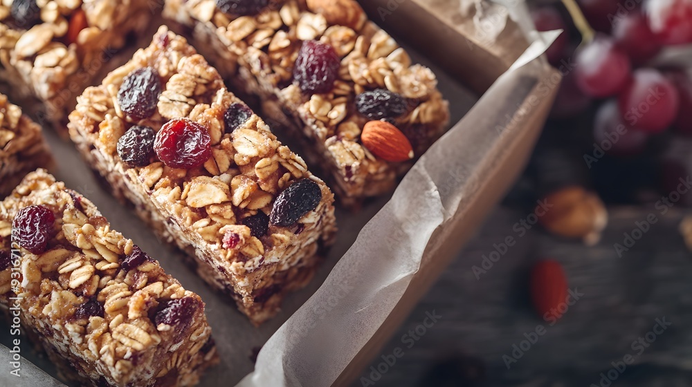 Homemade granola bars with nuts and dried fruits in a lunchbox, earthy tones, warm indoor light, clean style, detailed textures, nutritious and convenient vibe, cheerful mood Homemade granola bars with nuts and dried fruits in a lunchbox, earthy tones, warm indoor light, clean style, detailed textures, nutritious and convenient vibe, cheerful mood