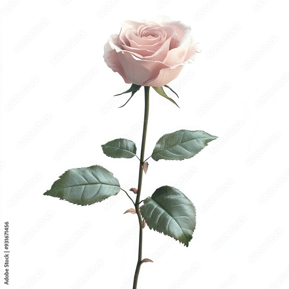A Single Pale Pink Rose with Green Foliage Against a White Background A Single Pale Pink Rose with Green Foliage Against a White Background