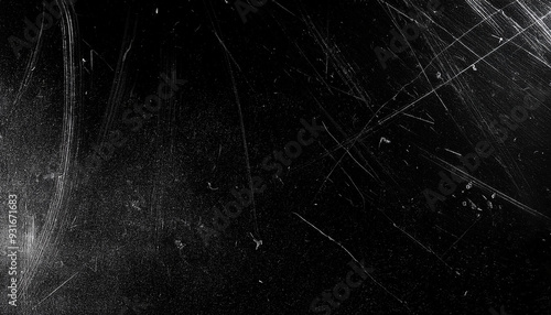 White scratches and dust on black background. Old dirty glass.