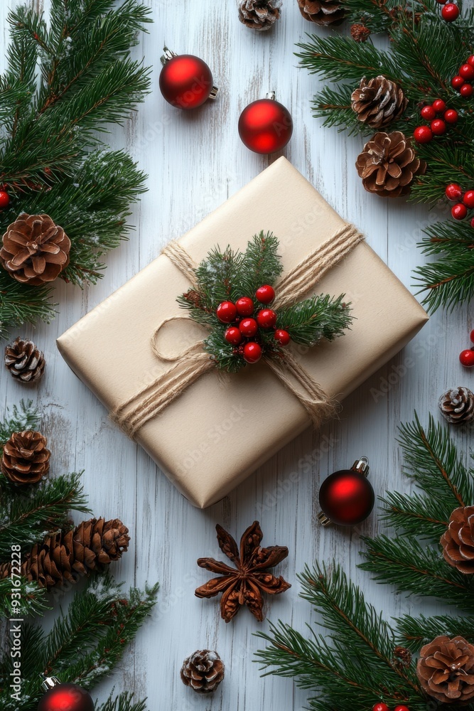 Christmas presents wrapped in brown paper with pine cones and red balls Christmas presents wrapped in brown paper with pine cones and red balls