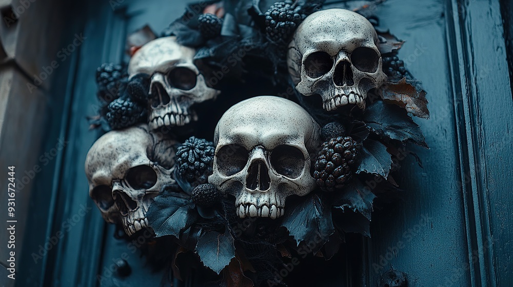 A detailed Halloween wreath on a door decorated with skulls and black ribbons A detailed Halloween wreath on a door decorated with skulls and black ribbons