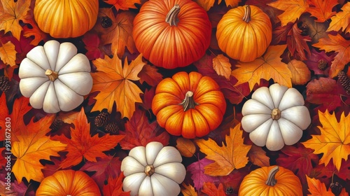 Autumn Pattern with Pumpkins and Fall Leaves for Seasonal Decorations Generative AI