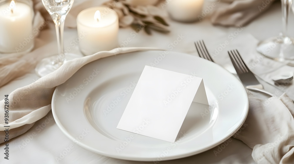 Elegant wedding table setting with a blank place card on a white plate. Perfect mockup for wedding invitations, event branding, or menu design in an upscale, refined atmosphere Elegant wedding table setting with a blank place card on a white plate. Perfect mockup for wedding invitations, event branding, or menu design in an upscale, refined atmosphere