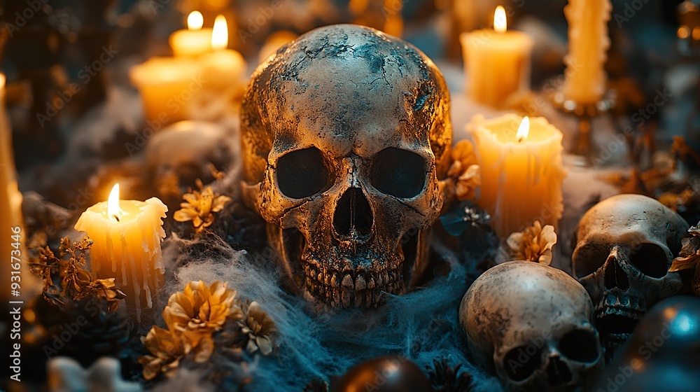 A detailed shot of a spooky Halloween centerpiece with candles skulls and cobwebs A detailed shot of a spooky Halloween centerpiece with candles skulls and cobwebs