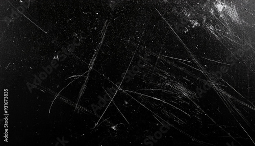 White scratches and dust on black background. Old dirty glass.