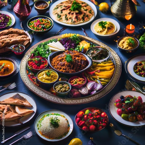 Wallpaper Mural A large table filled with vibrant food, colorful plates, salads, breads, and hot dishes invites guests. Torontodigital.ca