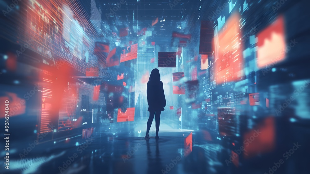 A person surrounded by floating, disorganized financial graphs and charts in a dark, abstract space, eerie, soft lighting creating a surreal atmosphere, artistic style of digital surrealism, mood of A person surrounded by floating, disorganized financial graphs and charts in a dark, abstract space, eerie, soft lighting creating a surreal atmosphere, artistic style of digital surrealism, mood of