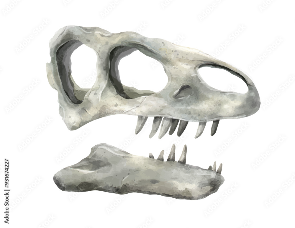 Fossilised skull of a predatory dinosaur isolated on white. Tyrannosaurus Rex. Paleontology, evolution. Vector illustration, watercolour style Fossilised skull of a predatory dinosaur isolated on white. Tyrannosaurus Rex. Paleontology, evolution. Vector illustration, watercolour style