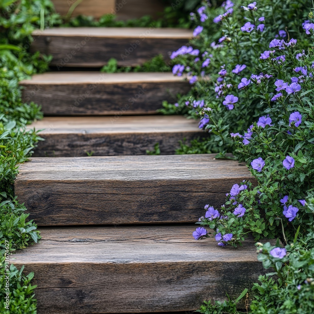 Serene Garden Pathway with Wooden Steps and Flowers Serene Garden Pathway with Wooden Steps and Flowers