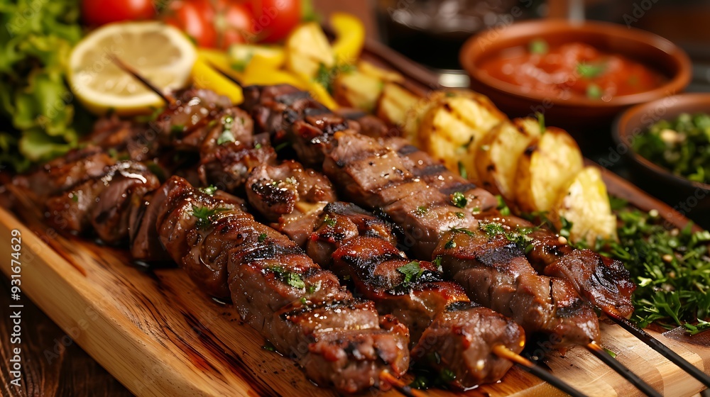 fresh kebab with baked potatoes sauce and greens grilled souvlaki minced meat kebap mutton lula platter grilling lamb on skewers fresh kebab with baked potatoes sauce and greens grilled souvlaki minced meat kebap mutton lula platter grilling lamb on skewers