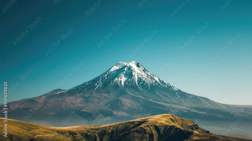 There is a picturesque snowy mountain standing majestically with a clear blue sky beautifully set against its stunning backdrop There is a picturesque snowy mountain standing majestically with a clear blue sky beautifully set against its stunning backdrop