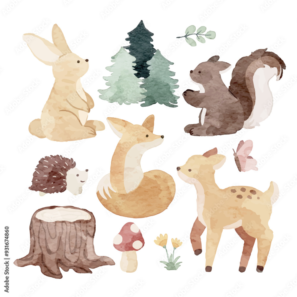 Obraz premium Woodland Animal Watercolor Hand Drawn Element Bundle