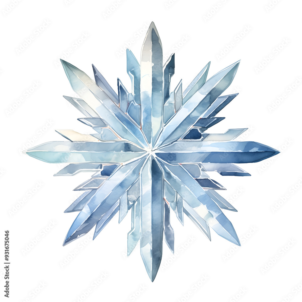 Fototapeta premium Intricate Watercolor Snowflake Crystal Design on White Background