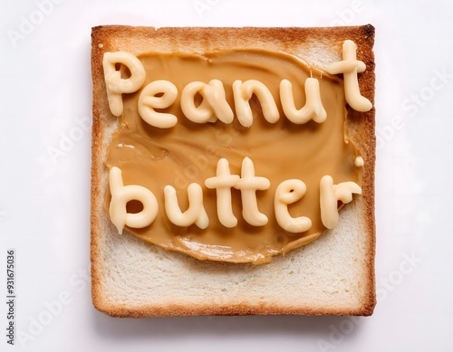 Peanut butter lettering on toast made with peanut butter. Peanut butter toast on white background photo