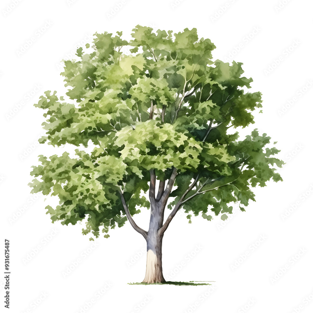 Obraz premium Lush Mature Plane Tree with Broad Green Foliage and Peeling Bark on White Background