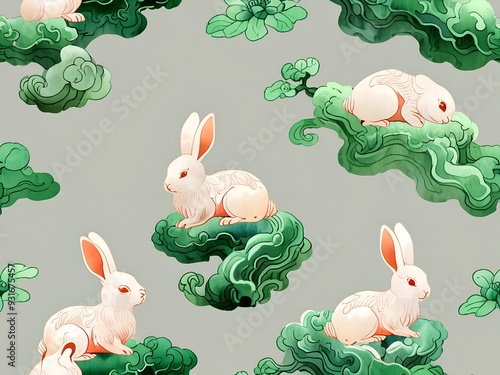 zhongqiu jade rabbit patterns, AI generated photo