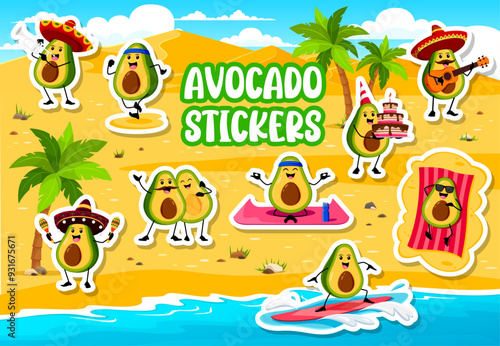 Stickers of funny Mexican avocado characters. Vector set of patches with vegetable personages having fun on beach, surfing, exercising and playing musical instruments at sandy shore with palm trees