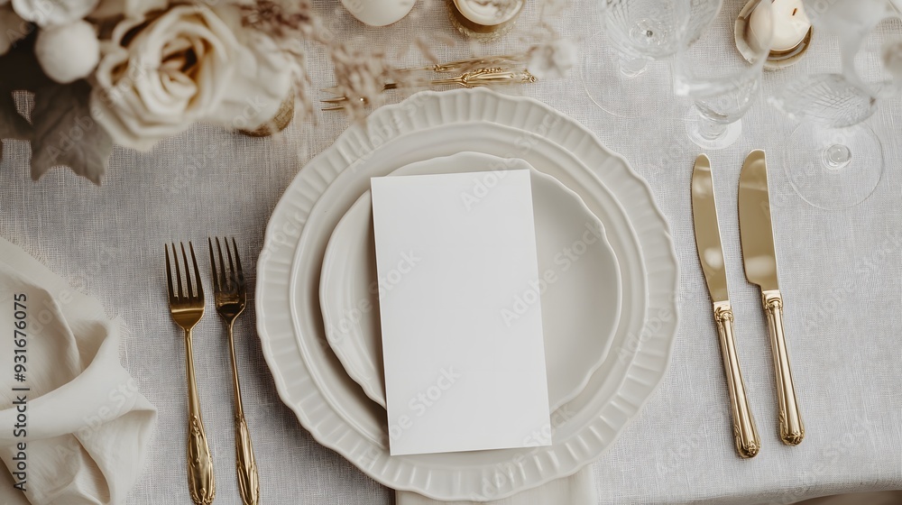 Elegant wedding table setting with a blank place card on a white plate. Perfect mockup for wedding invitations, event branding, or menu design in an upscale, refined atmosphere Elegant wedding table setting with a blank place card on a white plate. Perfect mockup for wedding invitations, event branding, or menu design in an upscale, refined atmosphere