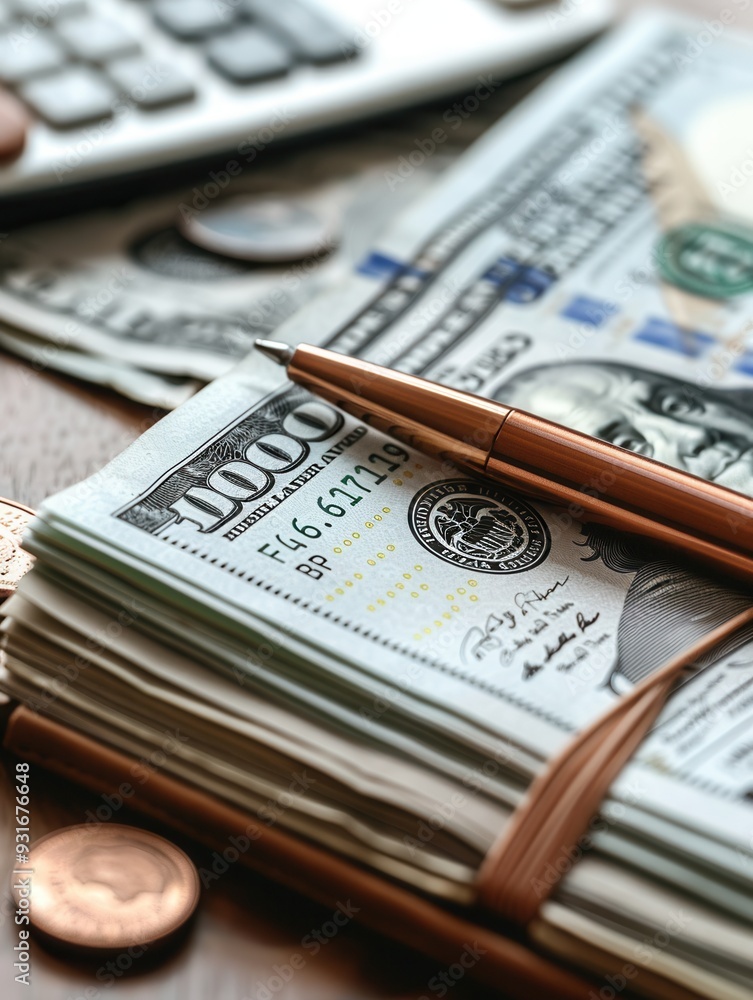 Fototapeta premium A stack of cash lies with coins and an open notebook filled with notes and calculations, indicating a financial planning session in progress. Generative AI