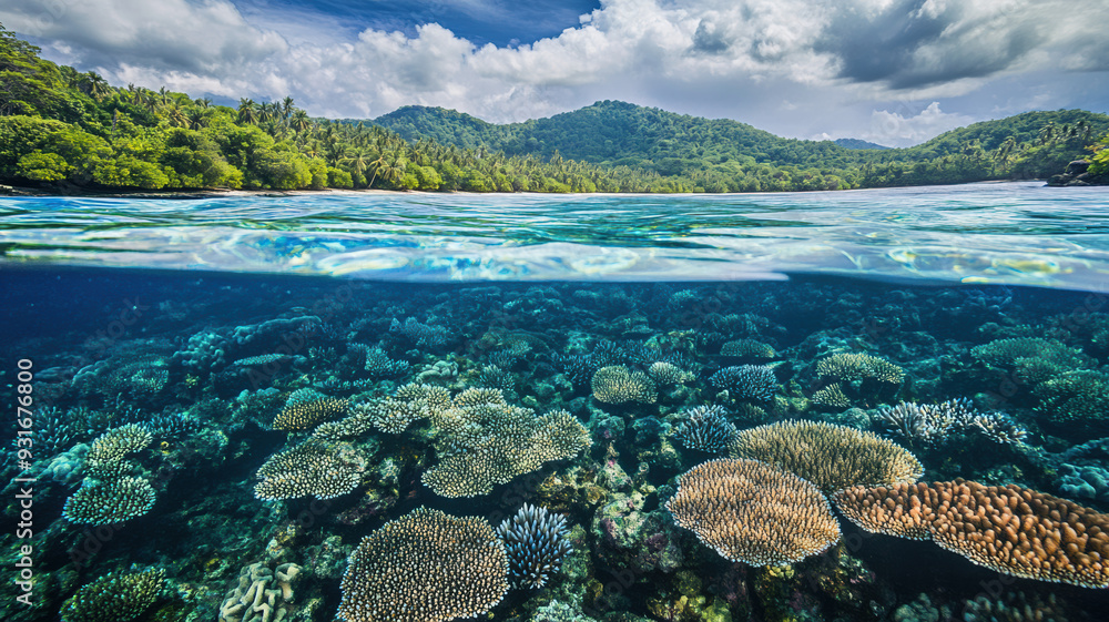 A Photo Taken with the Lens Half-Submerged: Calm Sea Surface Above, Tropical Coastline in the Distance, and Vibrant Coral Reefs with Tropical Fish Below. A Photo Taken with the Lens Half-Submerged: Calm Sea Surface Above, Tropical Coastline in the Distance, and Vibrant Coral Reefs with Tropical Fish Below.