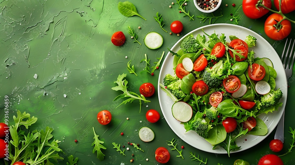 Freshly prepared raw vegetables salad plate healthy eating and raw food die on green background Freshly prepared raw vegetables salad plate healthy eating and raw food die on green background