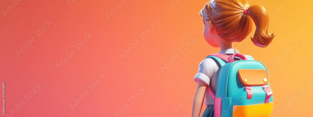 Naklejka premium Adorable 3D schoolgirl with colorful backpack